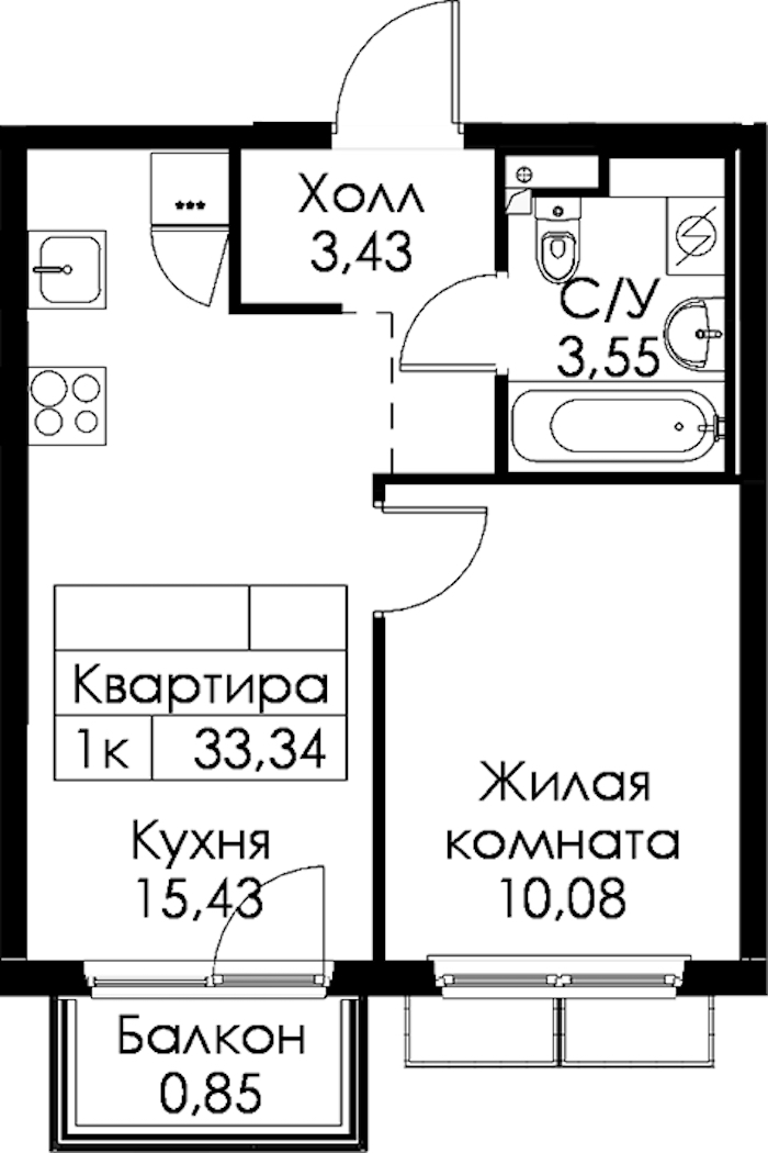 1-комнатная квартира 33.34 м², 3/15 эт., ЖК «Янинский лес»
